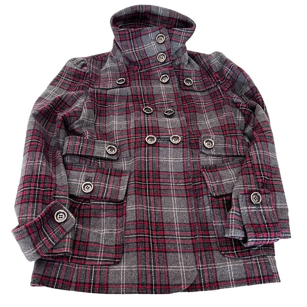 Green With Envy Gray/Red/Black Plaid Lined Wool Peacoat- L